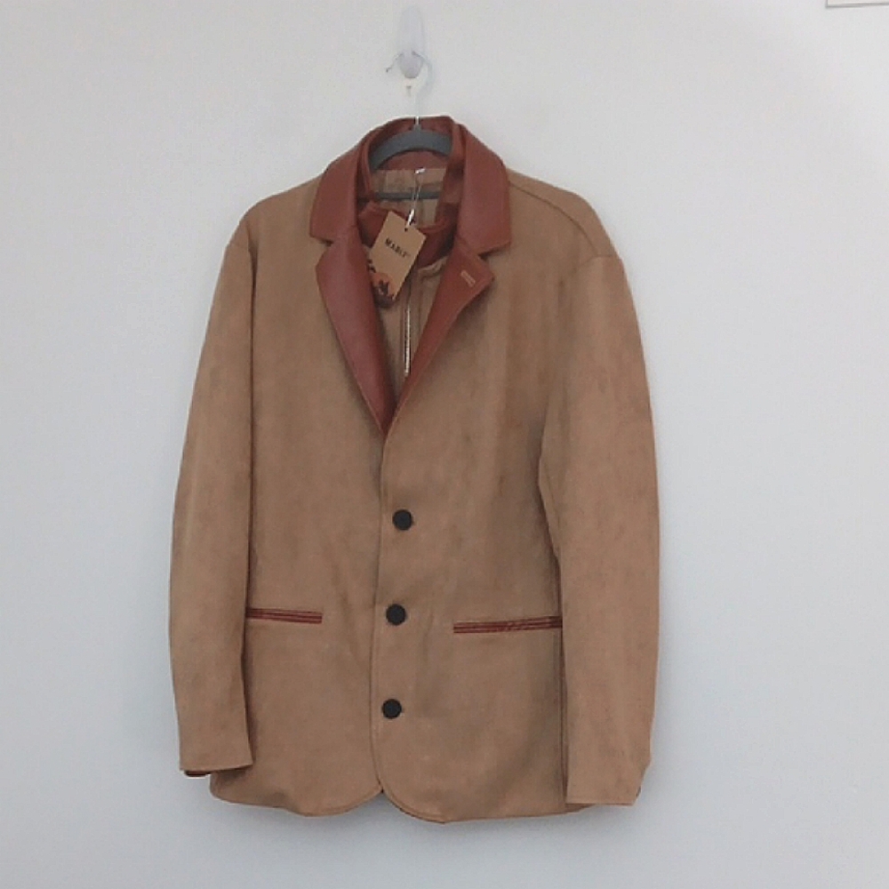 Manly Jacket Mens Size M Faux Suede Faux Leather Tan & Brown Zip Up & Button NEW